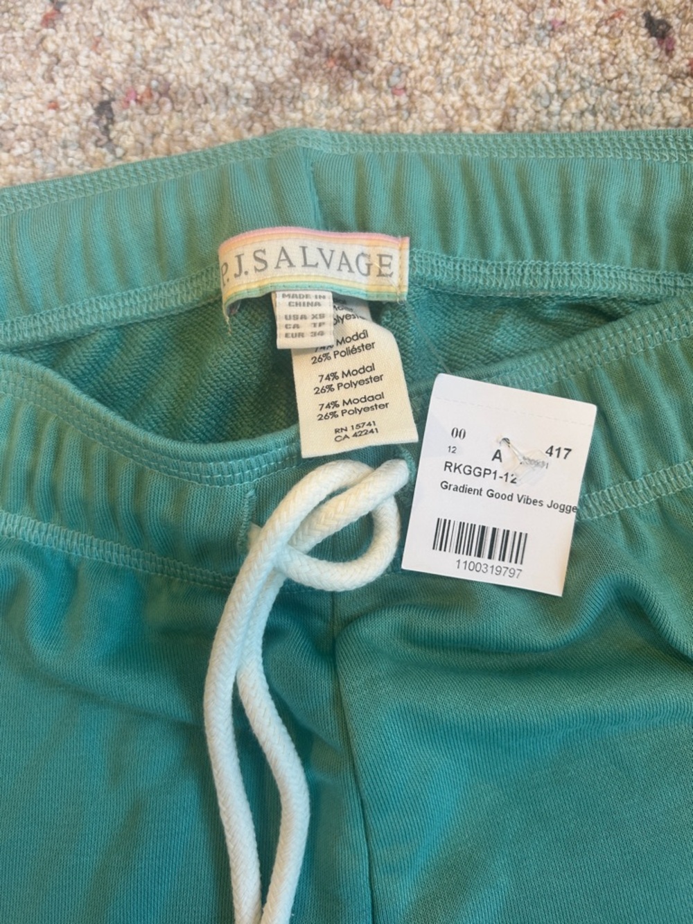 P.J. Salvage Teal Drawstring Joggers with Pastel Chevron Sides - Picture 2 of 4